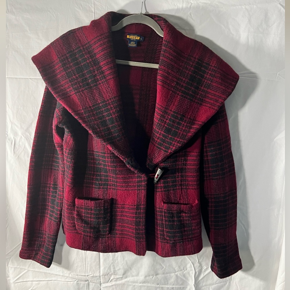 Hooded 100% wool cardigan by Rugby Ralph Lauren in red/black tartan